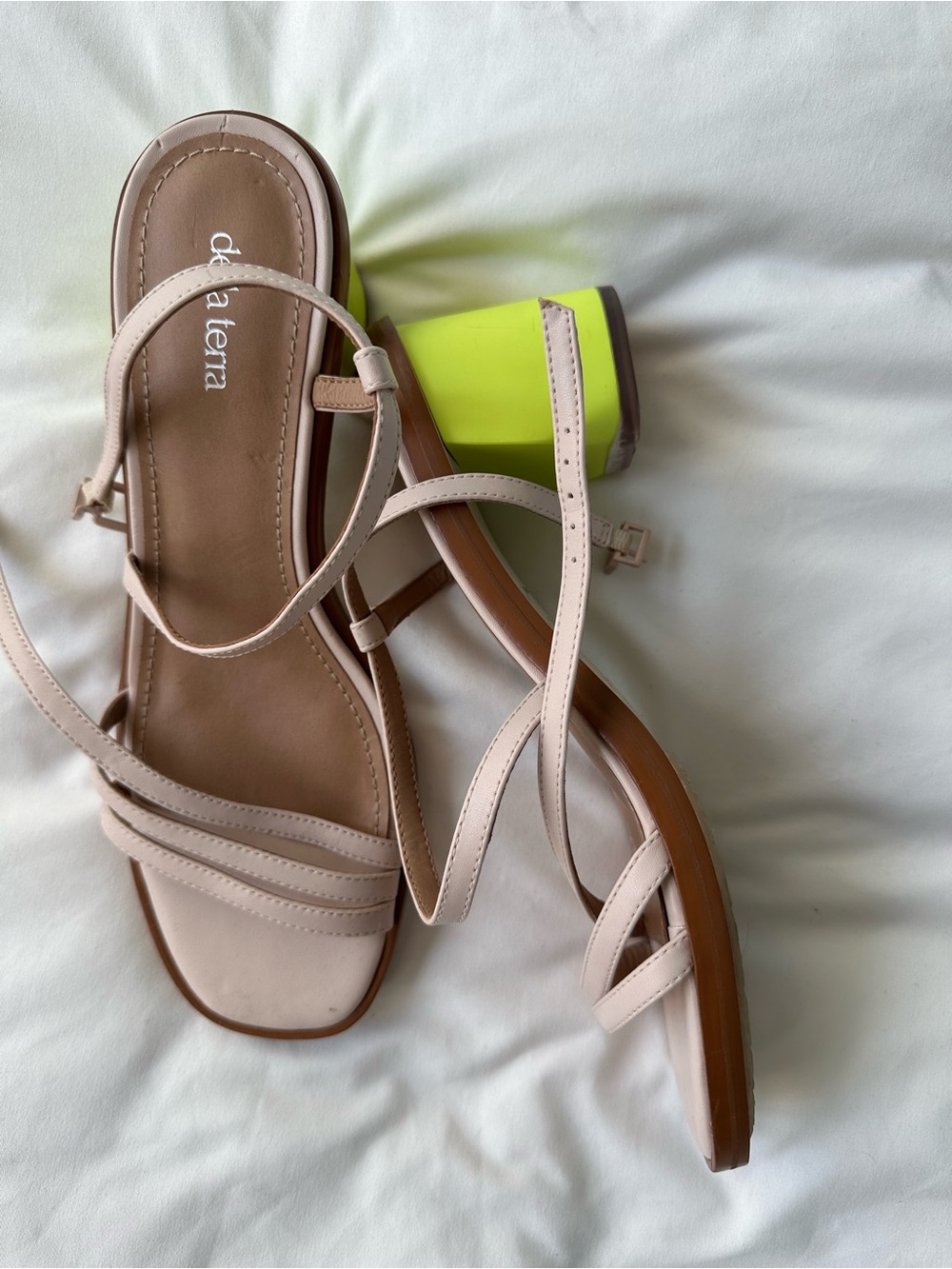 Women's Nude Strappy Sandal with Neon Yellow Block Heel